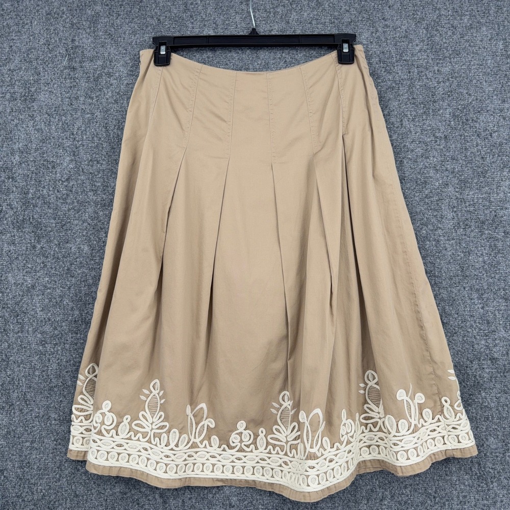 Jones New York Signature A-Line Skirt Women 8 Cotton Tan Embroidered Midi - Picture 2 of 7